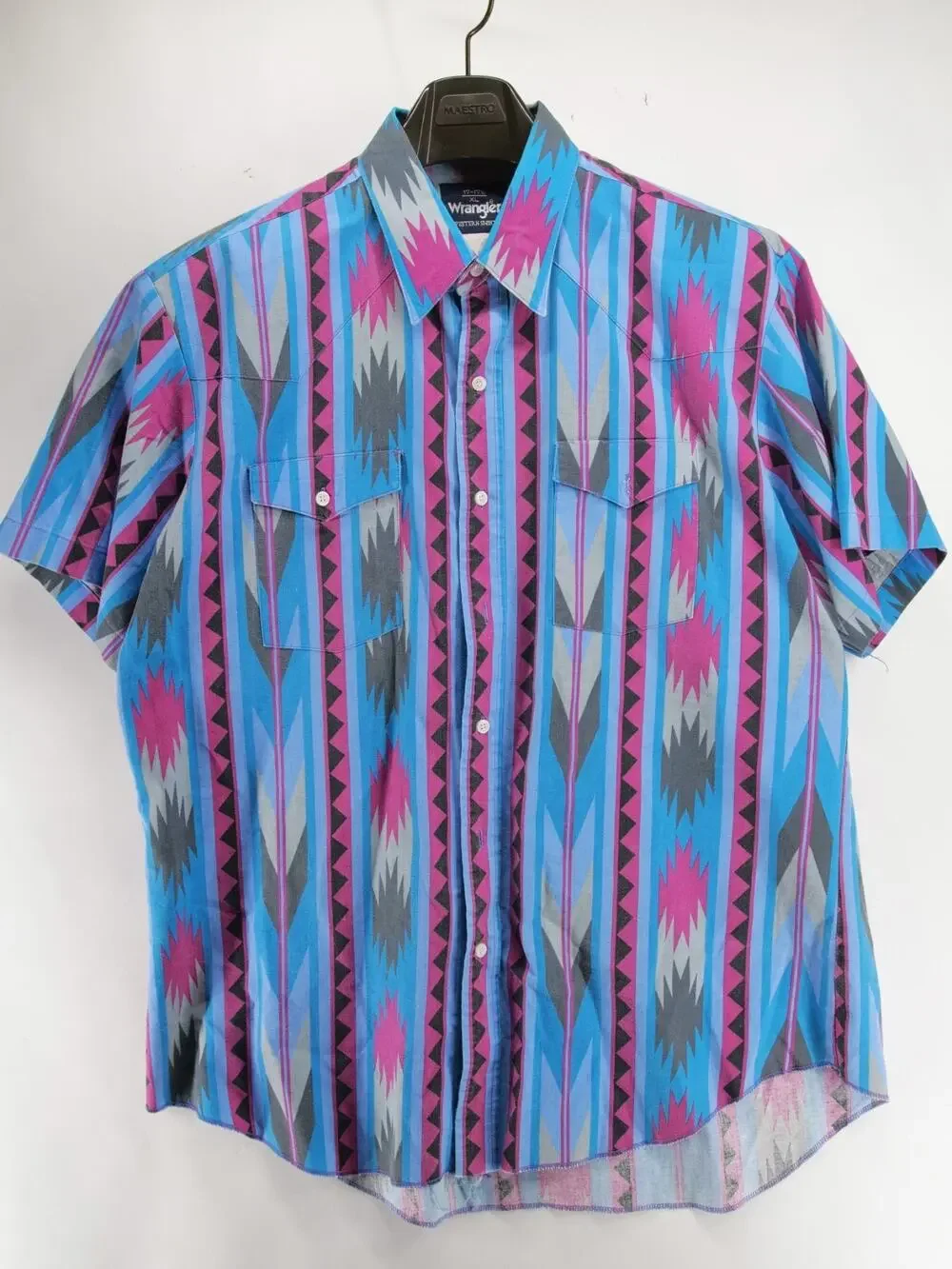 Vtg 90s Wrangler Cowboy Cut Pearl Snap Shirt Men XL Blue Pink Aztec Short Sleeve